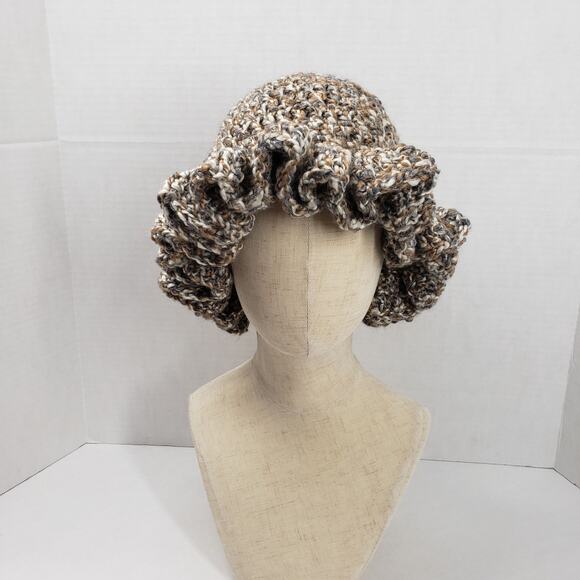 Handmade Crochet Brown Ruffle Bucket Hat Bohemian Casual Festival Neutral Fall - Picture 3 of 16